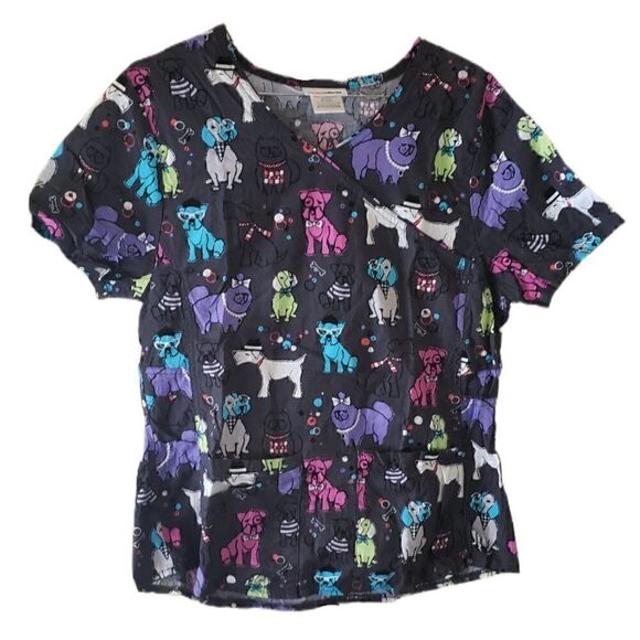ScrubStar Dark Gray Multi-Color Cute Dogs Short Sleeve Scrub Top - Picture 1 of 4